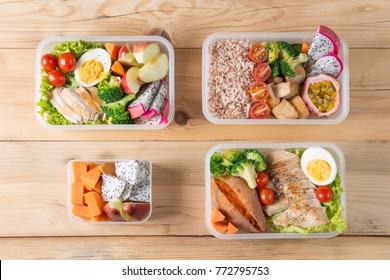 Various Of Healthy Lunch Boxes, Bento Packed Set In Plastic Package, Clean Food Meal, Top View. Diet Food Delivery Concept.