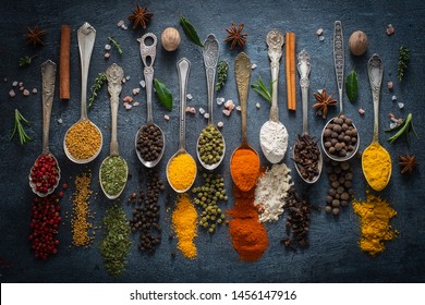 Various herbs and spices in spoons on the blue background. Top view. - Shutterstock ID 1456147916