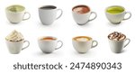 Various hot beverages drinks. Different coffee drinks assorted isolated on white background. Coffee set collection. mocha, tea, green tea, hot chocolate, black coffee, Macha, cappuccino, coffee.