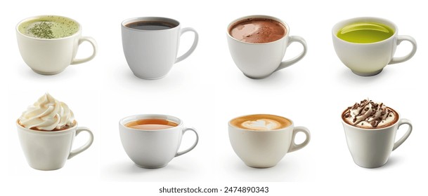 Various hot beverages drinks. Different coffee drinks assorted isolated on white background. Coffee set collection. mocha, tea, green tea, hot chocolate, black coffee, Macha, cappuccino, coffee. - Powered by Shutterstock