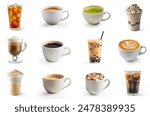 Various hot and cold beverages drinks. Different coffee drinks assorted isolated on white background. boba tea, mocha, tea, green tea, hot chocolate, black coffee, Macha, cappuccino, iced coffee.