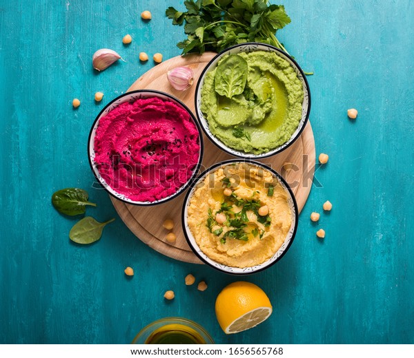 Various Hummus Dips Flat Lay Hummus Stock Photo 1656565768 Shutterstock