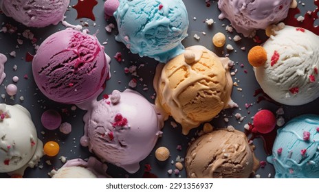 Various of ice cream flavor in cones blueberry ,strawberry ,pistachio ,almond ,orange and cherry setup on dark stone background . Summer and Sweet menu concept. - Shutterstock ID 2291356937