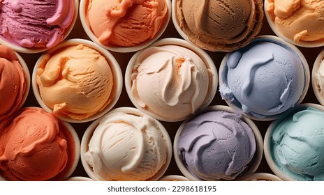 Various of ice cream flavor in cones blueberry ,strawberry ,pistachio ,almond ,orange and cherry setup on dark stone background . Summer and Sweet menu concept. - Shutterstock ID 2298618195
