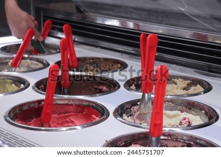 Various ice cream flavors in the refridgerator of a luxurious ice cream shop
