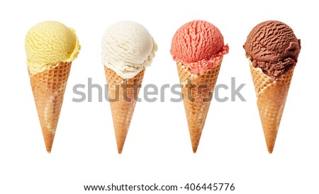 Various ice-cream scoops on white background with assorted balls of vanilla, chocolate, strawberry and butterscotch icecream in waffles.