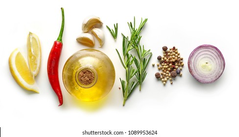 Various Ingredients For Making Marinade Isolated On White Background, Top View