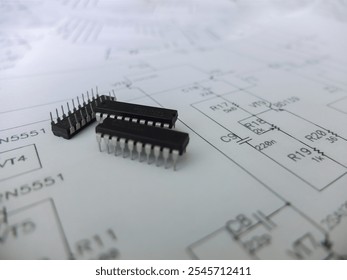 Various integrated circuits, microcontrollers in DIP SOIC TQFP packages. On the back there is a schematic diagram