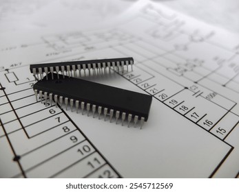 Various integrated circuits, microcontrollers in DIP SOIC TQFP packages. On the back there is a schematic diagram