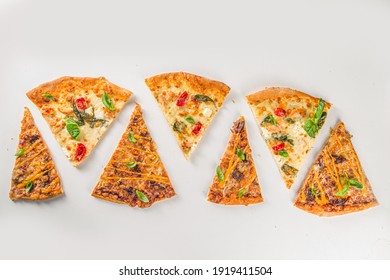 Various Italian American Traditional Pizza Slices. Slices Of Delicious Pizza On Light Background, Top View Flatlay