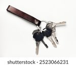 Various keys in the genuine leather keychain on isolated white background.