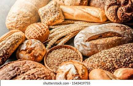 Various kind of bread with wheat top view. White bakery food concept panorama or wide banner photo. - Shutterstock ID 1543419755
