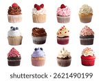 Various kind of cupcakes set on white background.  Cupcake with different toppings isolated. Assortment several of sweet dessert