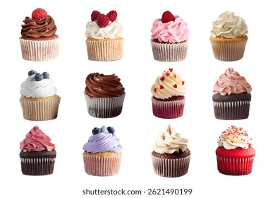 Various kind of cupcakes set on white background.  Cupcake with different toppings isolated. Assortment several of sweet dessert