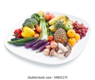 Various Kind Of Fruits And Vegetables On Plate