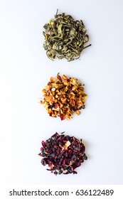 Various Kind Of Leaf Tea On A White Background, Top View