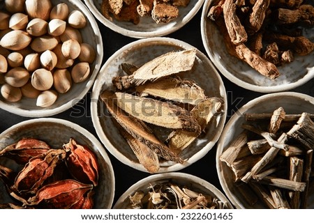 Various kinds of herbal medicines on a plate