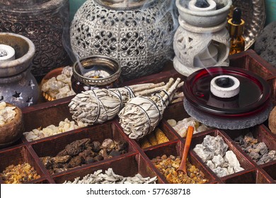 Various kinds of incense: myrrh, frankincense, messer, copaiba, elemi camonya, palo santo, salvia apiana,gowe -thiouraye, borena