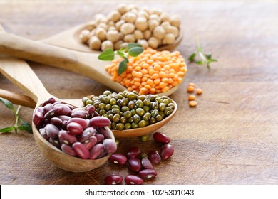various kinds of legumes - beans, lentils, chickpeas, mung beans