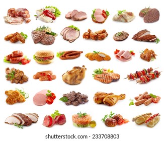 various kinds of meat products isolated on white
