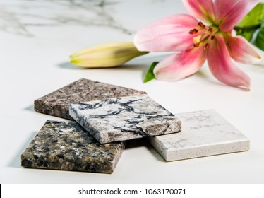 Various Of Kitchen Counter Samples Made Of Granite, Marble And Quartz Stone