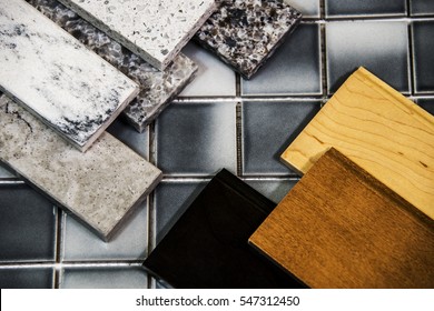 Various Kitchen Countertops And Wooden Cabinet Color Samples Over Tile Flooring
