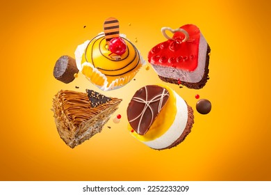 Various levitating cakes with fruit jelly chocolate decoration. Exquisite Fresh delicious floating mousse dessert on colored background