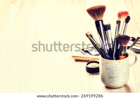 Various makeup brushes on light background with copyspace Foto stock © 