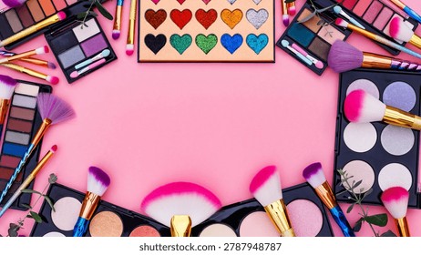 Various makeup items are set out on a pink surface. Brushes, palettes, and colors are displayed for beauty lovers to use.