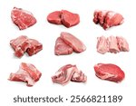 Various of meat set on white background. Beef and pork for steak isolated. Assortment of top view meat.