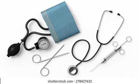Various medical equipment isolated on white background