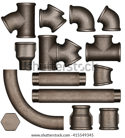 Various metal plumbing pipes and joints set adapted for mockup design. 