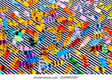 various miniature bottles of alcohol without labels on a hypnotic black and white lines stripe pattern - Powered by Shutterstock