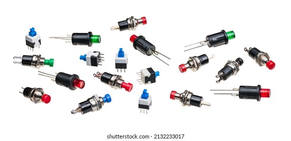 Various miniature push button switches isolated on white panoramic background. Collection of small electronic components with round on or off pushbuttons or metal pins to use in PCB. Electromechanics. - Shutterstock ID 2132233017
