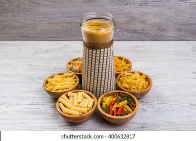 Various mix of pasta on wooden rustic background, sack. Diet and food concept. diversity - Powered by Shutterstock