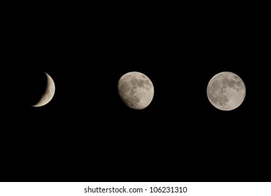 Various Moon Phases From Crescent To Full Moon, As Seen From Planet Earth Over Dark Black Sky At Night