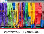 various multi color such as red green yellow blue purple violet gray brown of flat webbing sling or polyester belt for lift and move heavy workpiece or etc in industrial