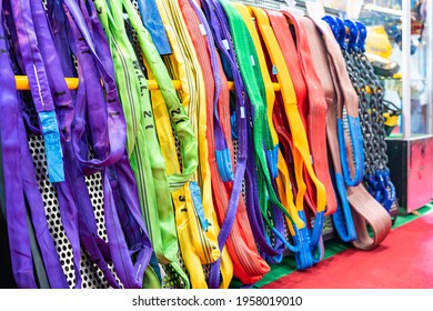 Various Multi Color Such As Red Green Yellow Blue Purple Violet Gray Brown Of Flat Webbing Sling Or Polyester Belt For Lift And Move Heavy Workpiece Or Etc In Industrial