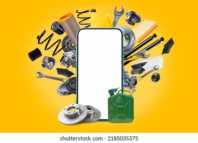 A various of new car spare parts and blank smartphone with white screen for your text or design on yellow background. Template for an application for the sale of spare parts for vehicles. - Shutterstock ID 2185035375