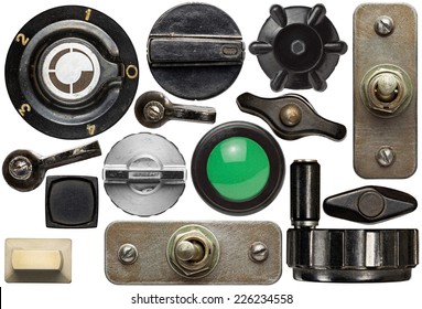 Various old device knobs, handles, buttons,switches