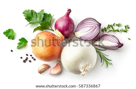 various onions and spices isolated on white background, top view