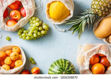 Various organic fruits in reusable bags. Top view. - Shutterstock ID 1836358870