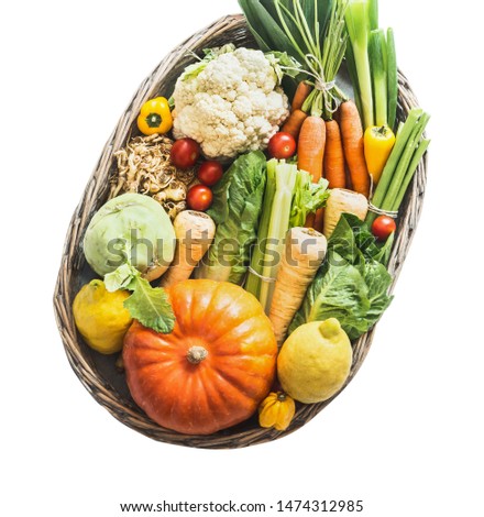 Various organic vegetables and ingredients in tray, isolated on white background. Low carb veggies. Clean organic farm vegetables. Healthy food. Local market products. Harvested vegetables. Pumpkin