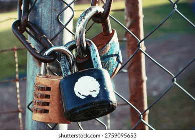 Various padlocks, including a brass combination lock and rusted iron locks, secured to a metal chain-link fence. The image represents concepts of security, privacy, safety, and restricted access, captured in warm outdoor light, close-up shot.