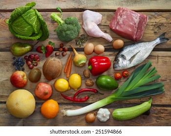Various Paleo diet products on wooden table, top view - Shutterstock ID 251594866