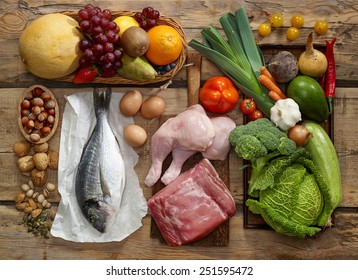 Various Paleo diet products on wooden table, top view - Shutterstock ID 251595472