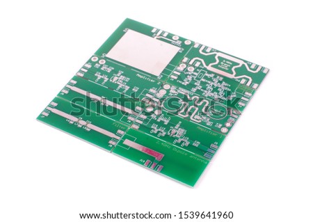 Various panelised radio frequency printed circuit boards PCBs isolated on the white background
