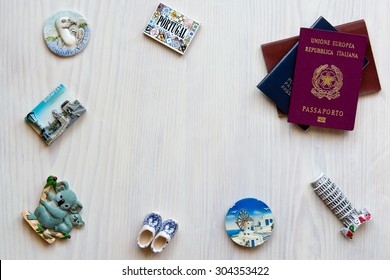  various passports and souvenir magnets from several world country