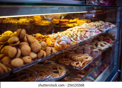 Various Pastry Type On Shelf In Bakery Shop