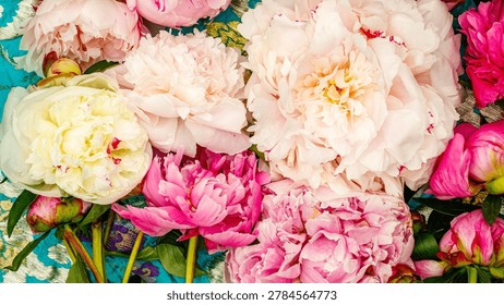 Various peonies lay on a patterned fabric, showcasing a mix of white and pink flowers with green leaves, creating a vibrant display.
